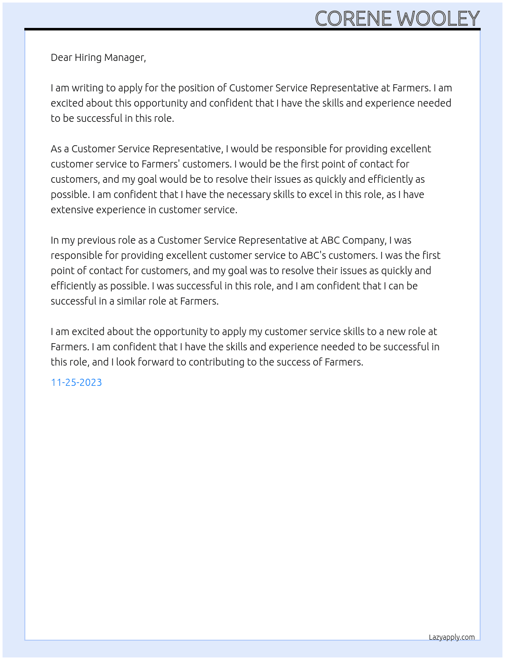 Customer service representative  At Farmers Cover Letter