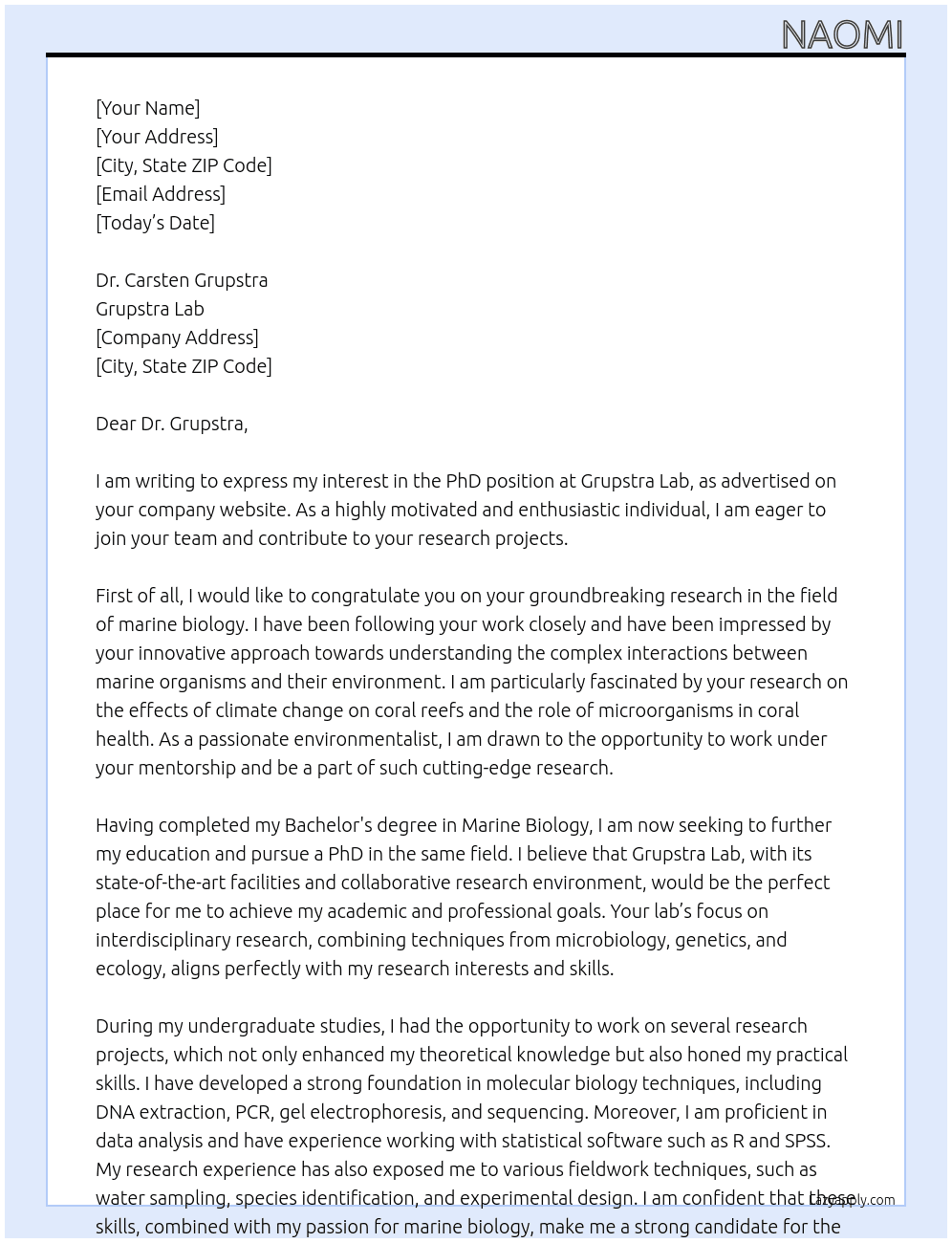 PhD Position At Grupstra Lab Cover Letter