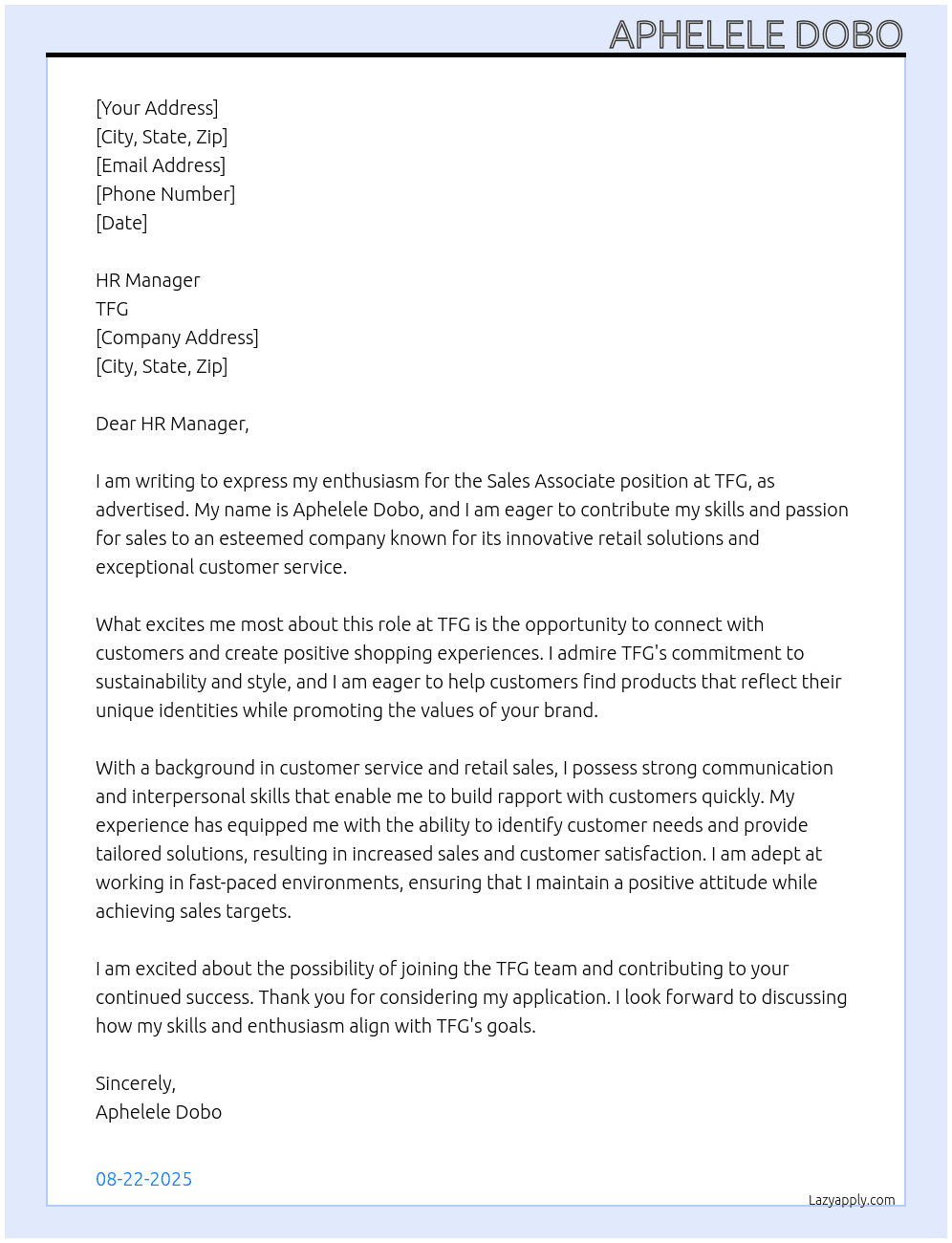 Sales associate  At TFG Cover Letter