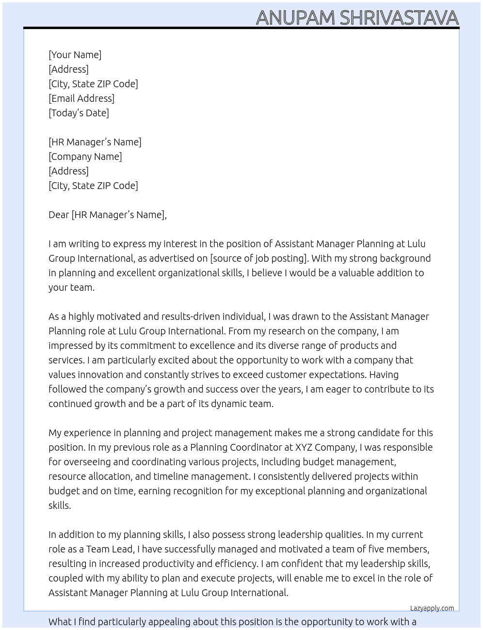 Assistant Manager Planning At lulu group international Cover Letter