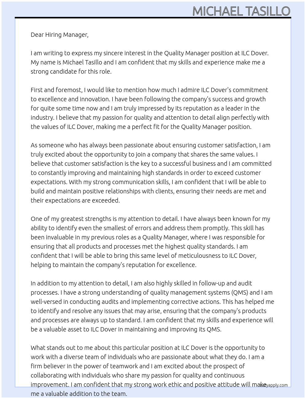 Quality Manager At ILC Dover Cover Letter