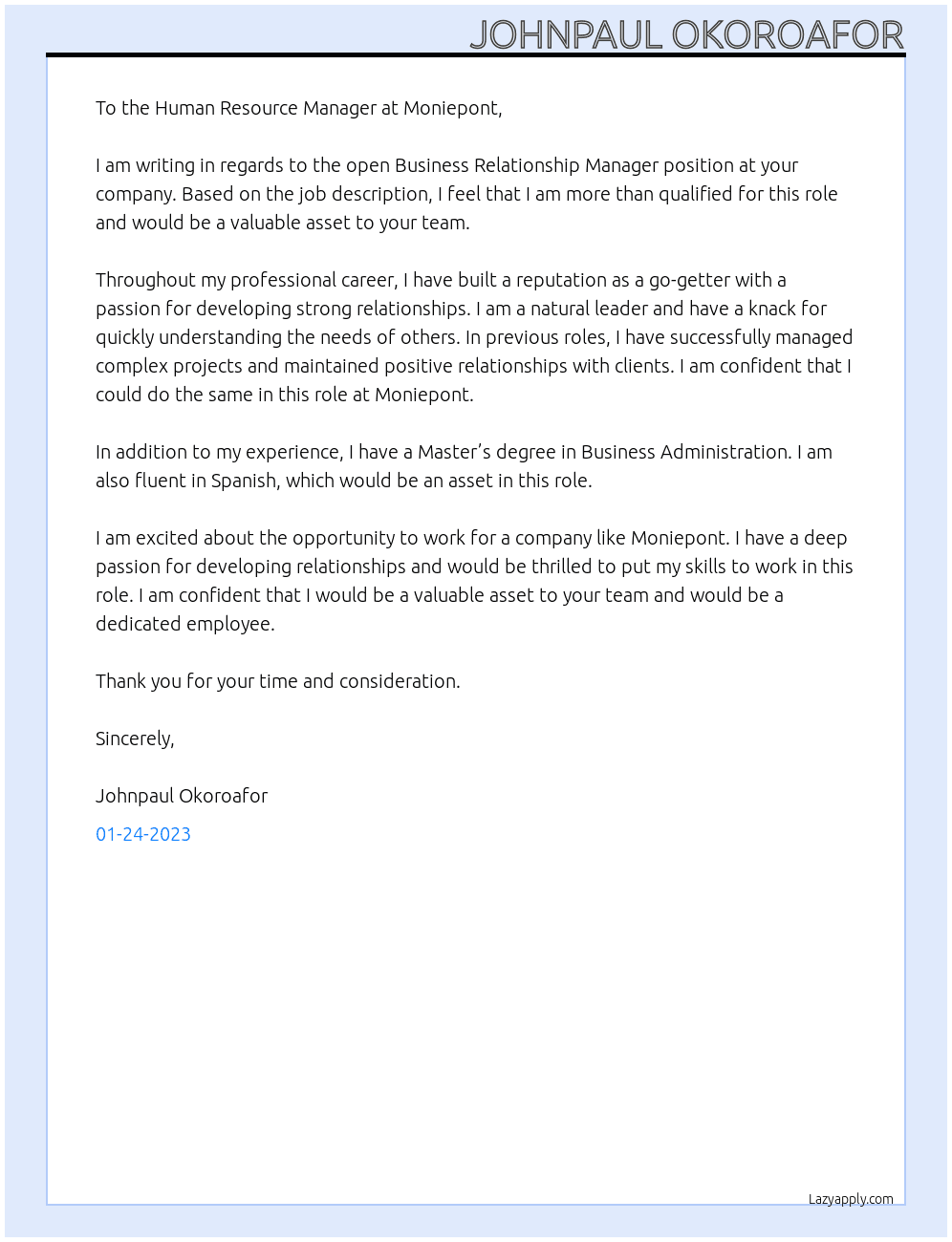 Business Relationship Manager At Moniepont Cover Letter