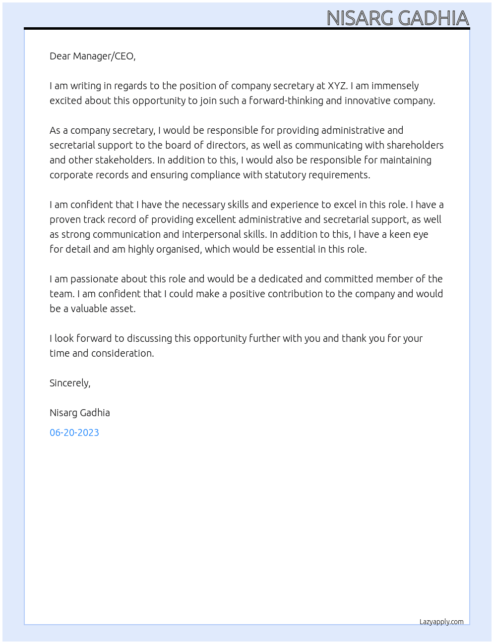 company secretary At xyz Cover Letter