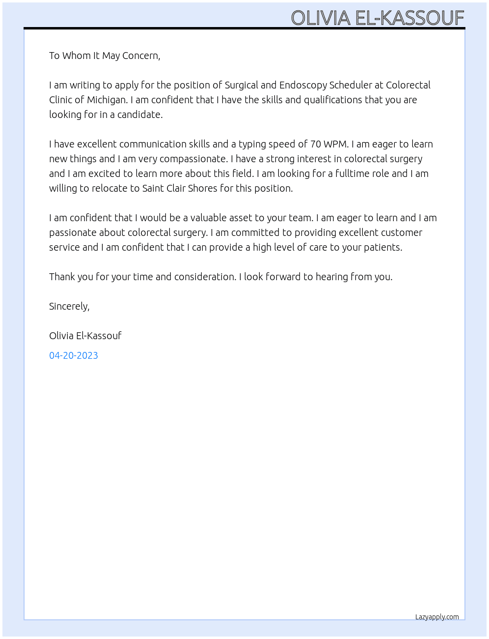 Surgical and Endoscopy Scheduler At Colorectal Clinic of Michigan Cover Letter