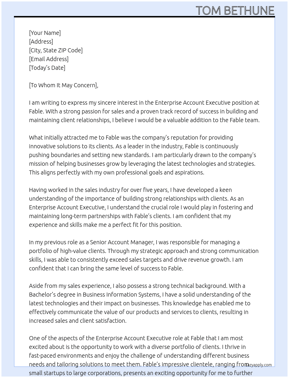 Enterprise Account Executive At Fable Cover Letter