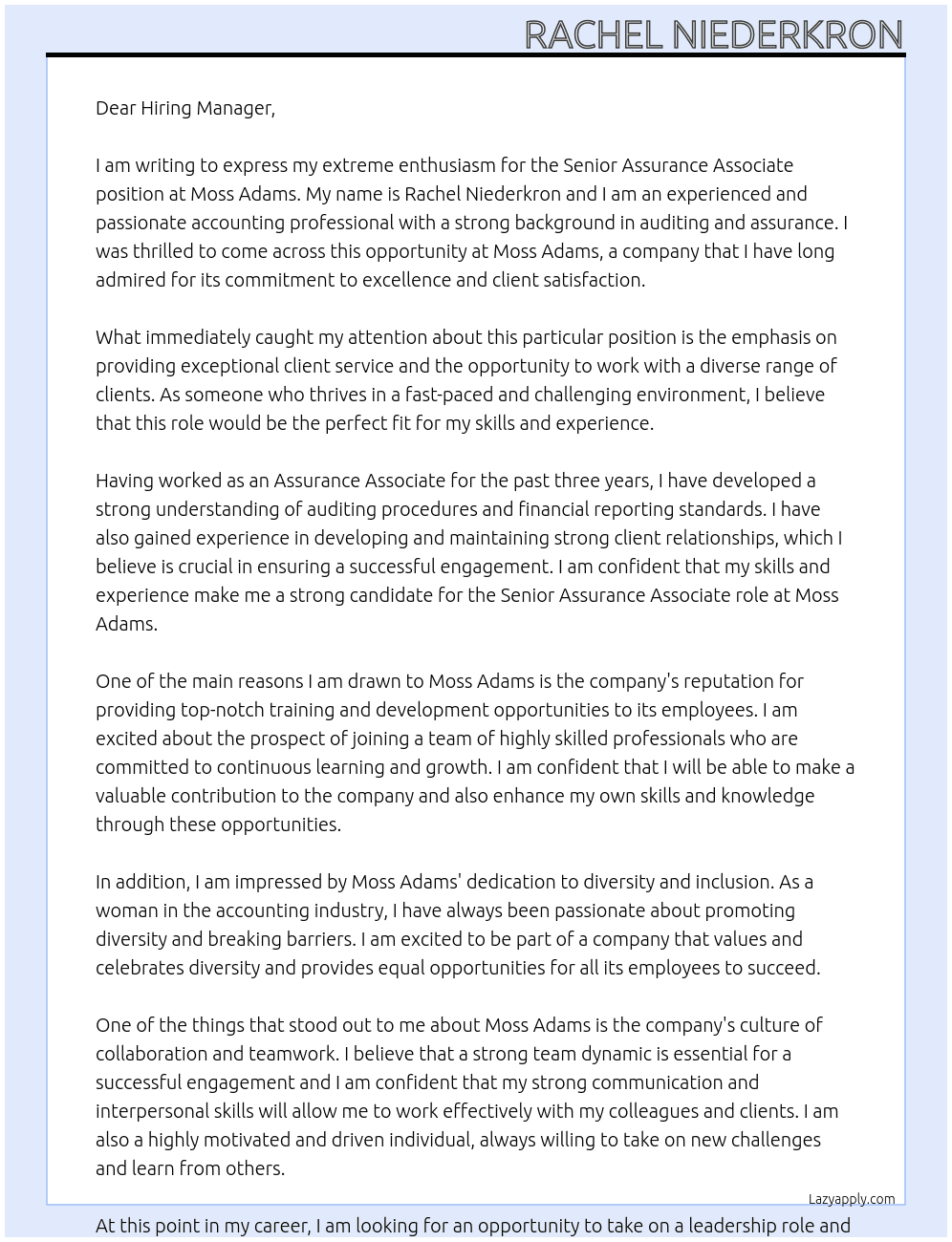 Senior Assurance Associate At Moss Adams Cover Letter