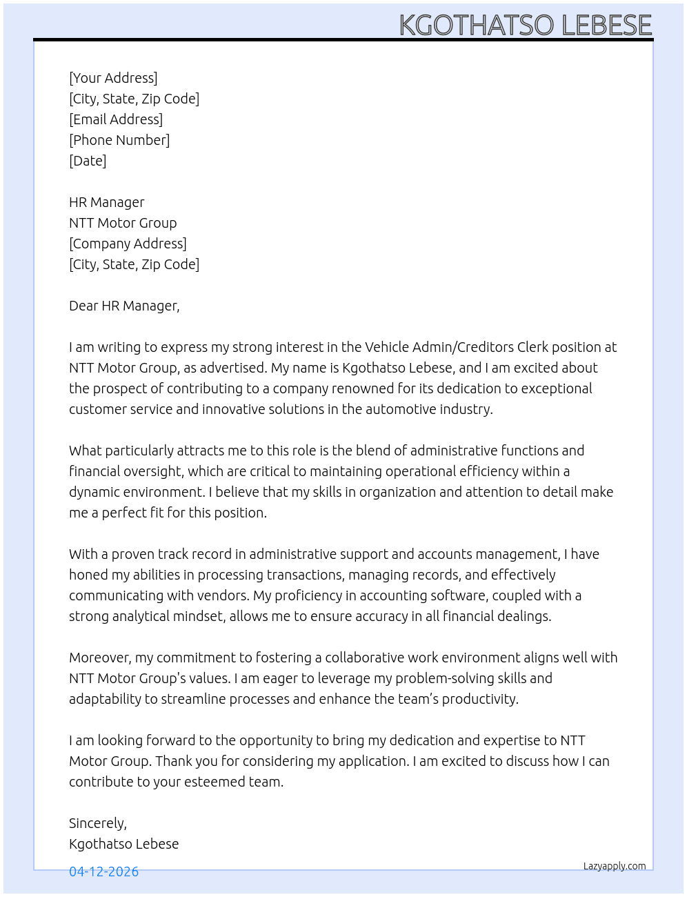 Vehicle Admin / Creditors Clerk At NTT Motor Group Cover Letter