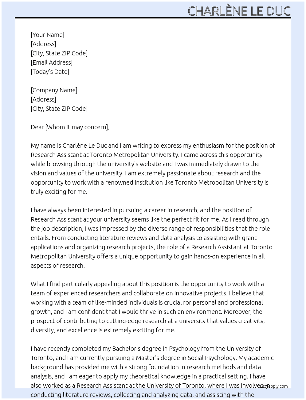 Research Assistant At Toronto Metropolitan University Cover Letter