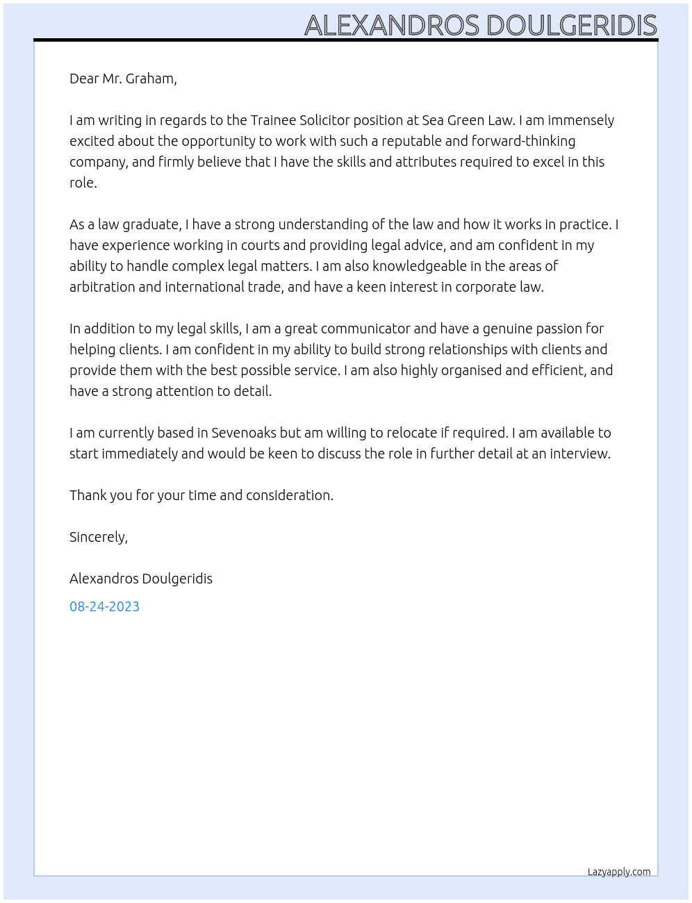 trainee solocitor At Sea Green Law Cover Letter