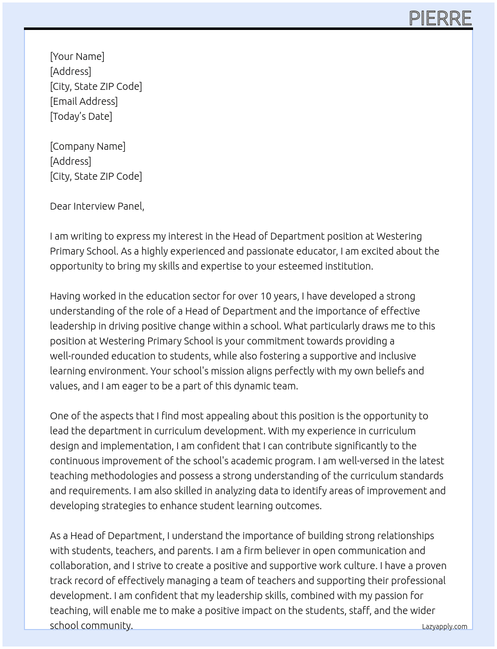 Head of Department  At Westering Primary School Cover Letter