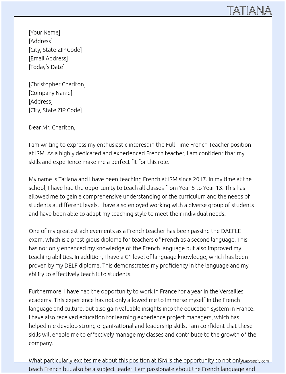 Full time French teacher At ISM Cover Letter