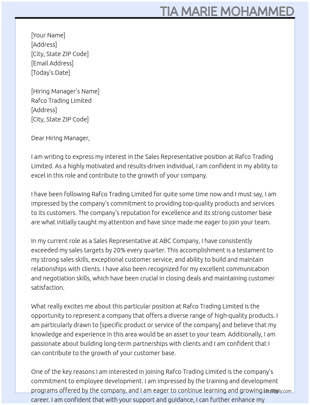 Sales Representative At Rafco Trading Limited Cover Letter