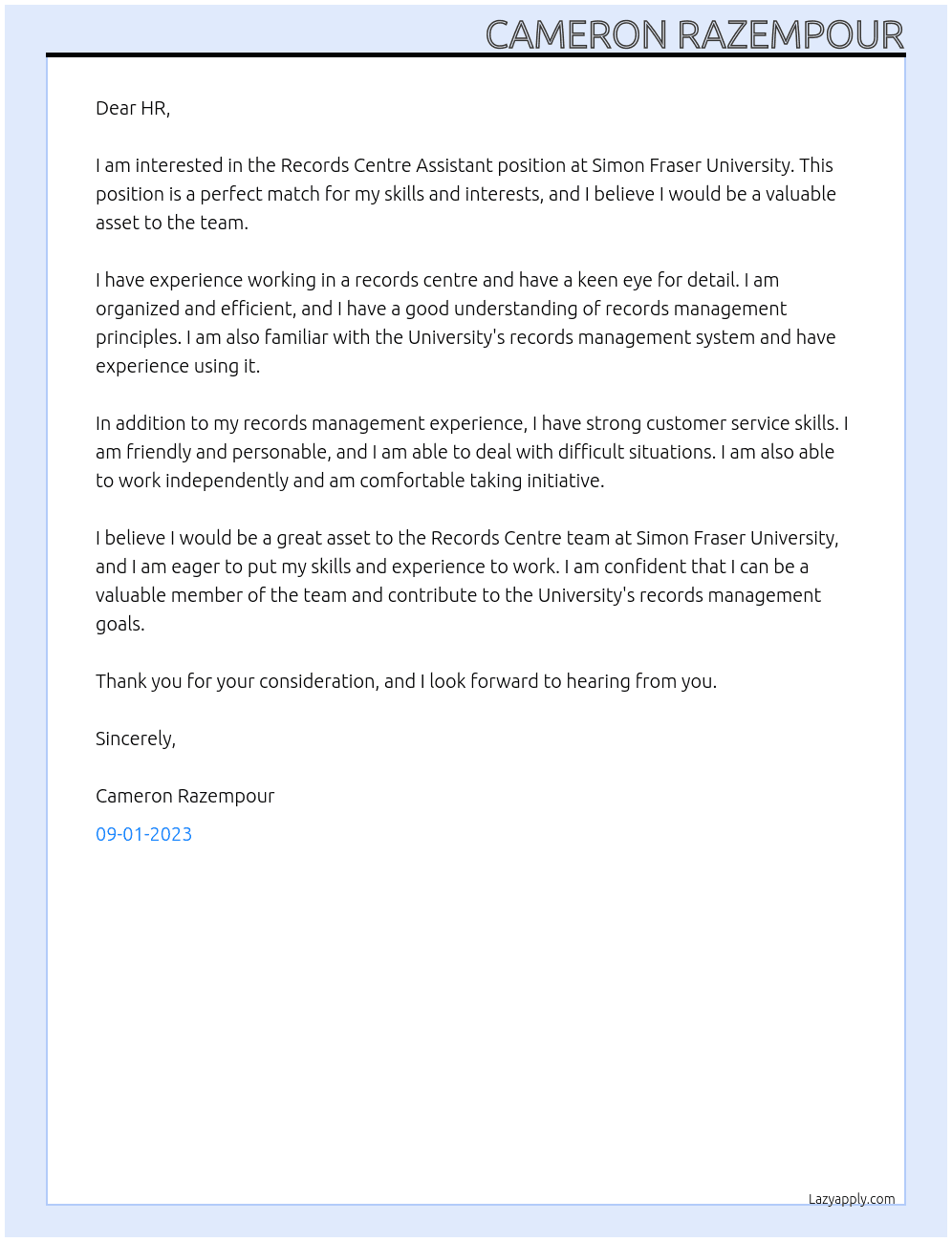 Records Centre Assistant At Simon Fraser University  Cover Letter