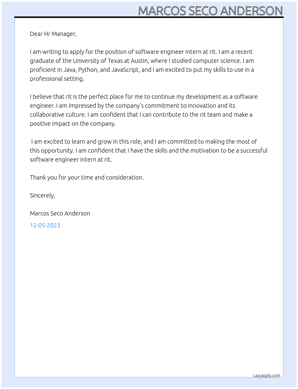 software engineer intern At rit Cover Letter