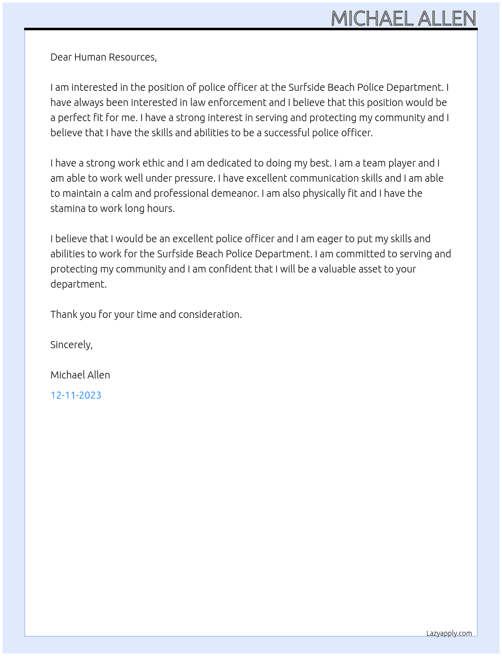 Police officer At Surfside Beach Police Department Cover Letter