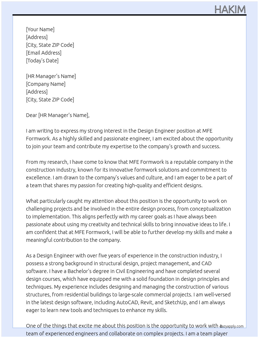 Design Engineer At MFE formwork Cover Letter