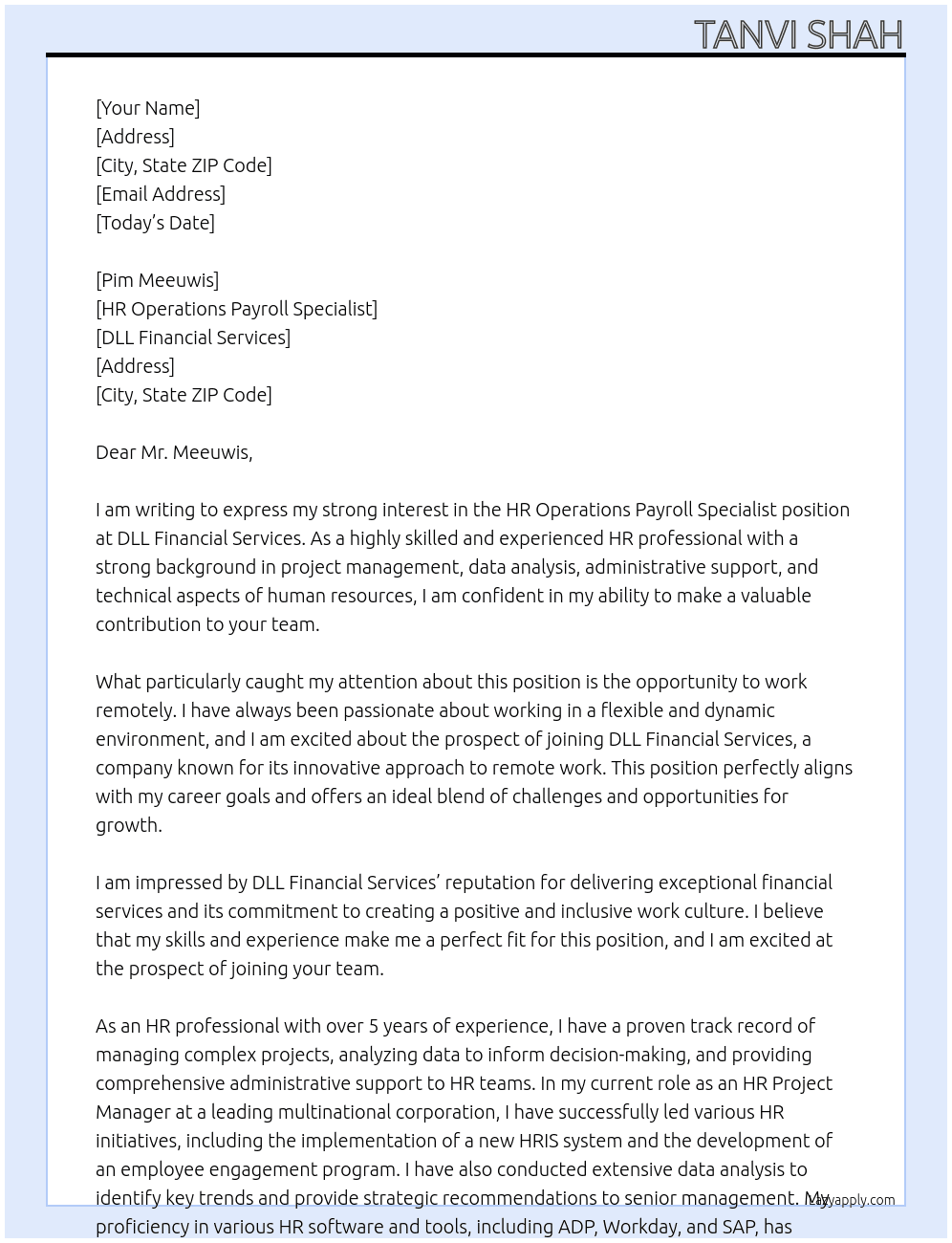 HR Operations Payroll Specialist At DLL Financial Services Cover Letter