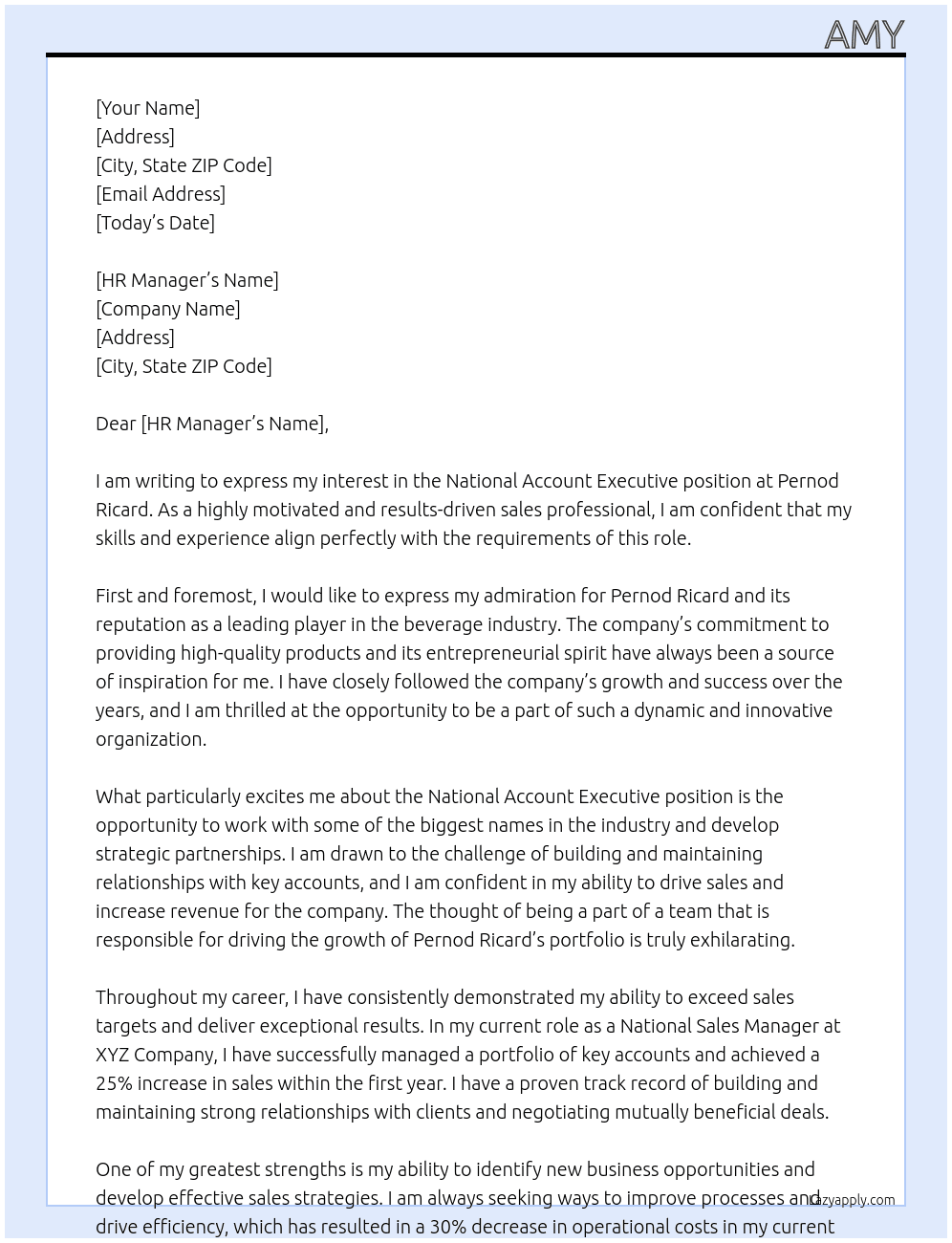 National Account Executive At Pernod Ricard Cover Letter