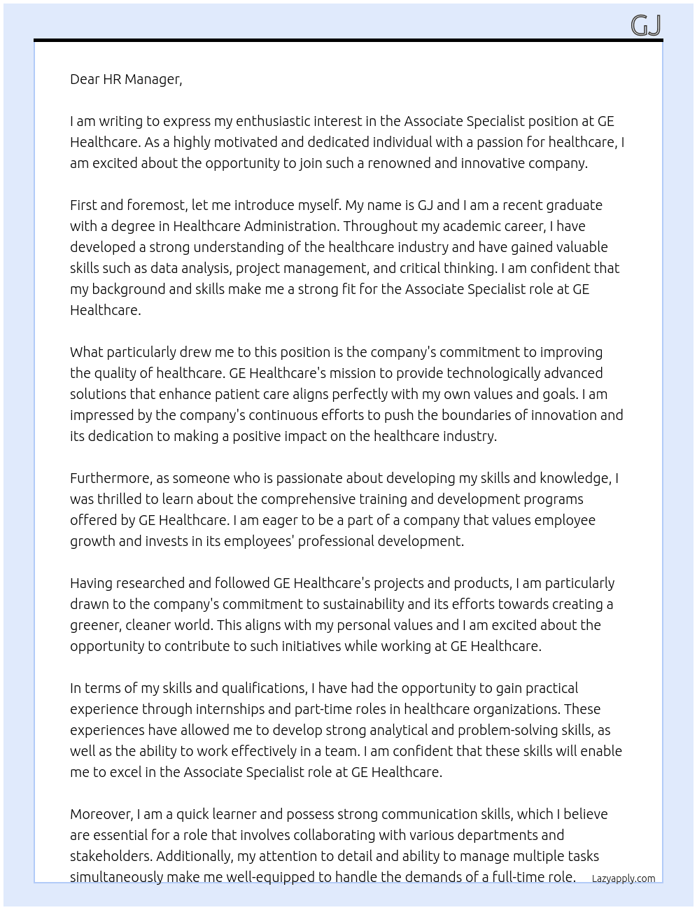 Associate Specialist At GE Healthcare Cover Letter