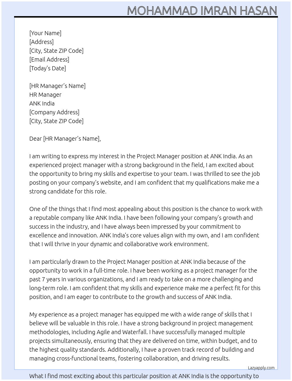 Project Manager At ANK India Cover Letter