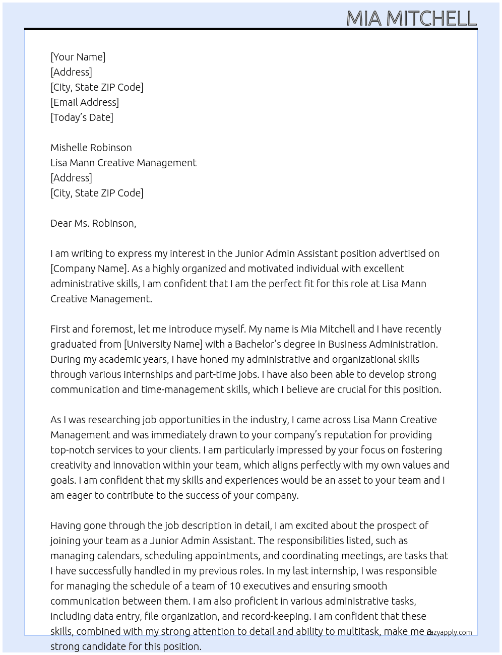 Junior Admin Assistant At Lisa Mann Creative Management Cover Letter