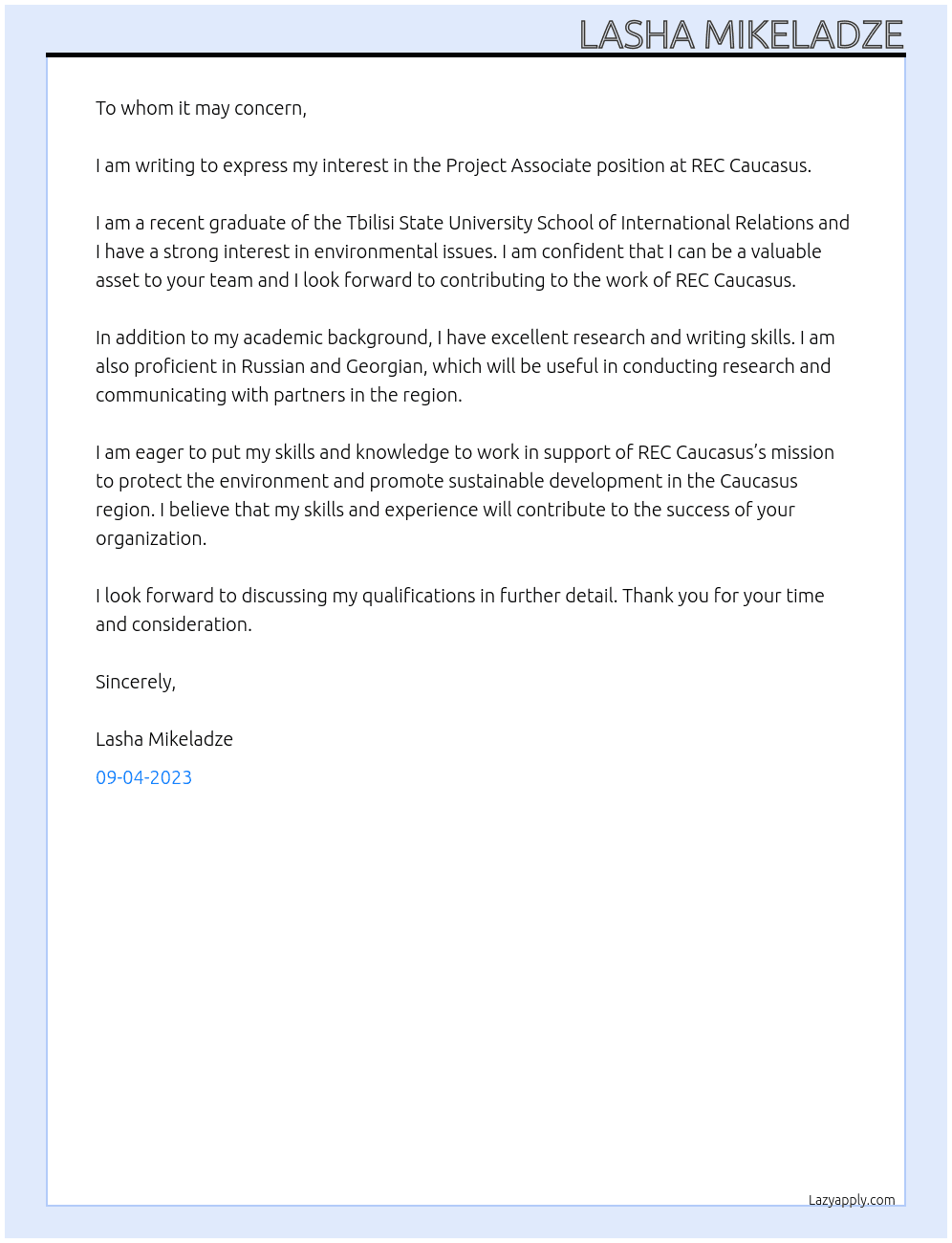 Project Associate At REC Caucasus Cover Letter