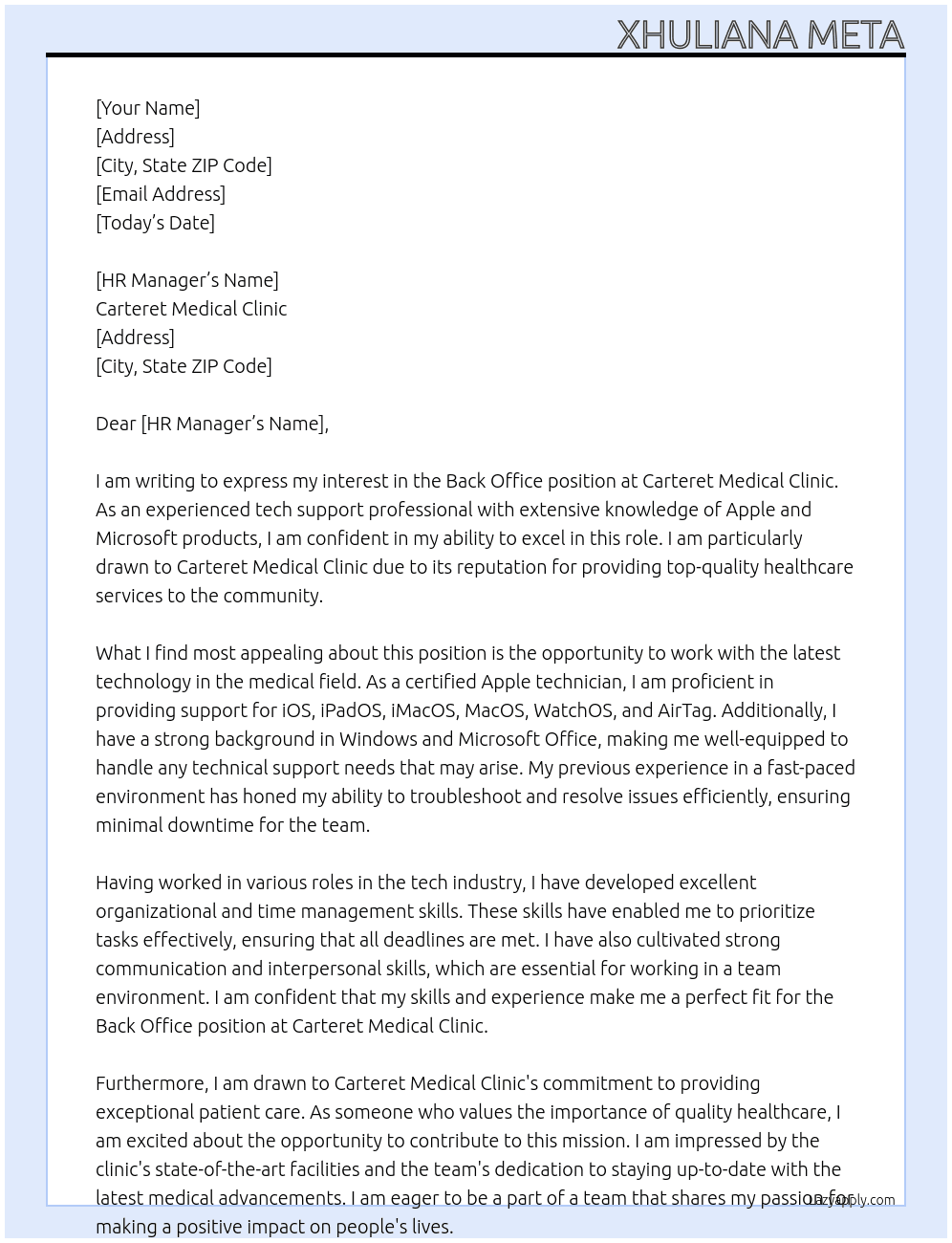 Back office  At Carteret Medical Clinic Cover Letter