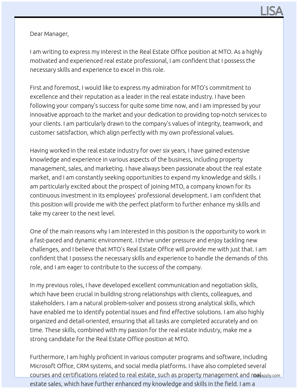 Real Estate Office At MTO Cover Letter