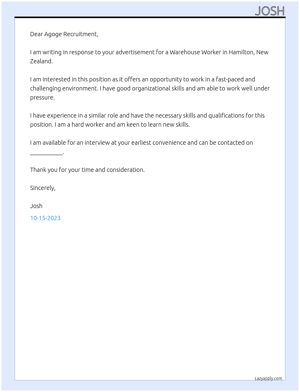 Warehouse Worker At Agoge Recruitment Cover Letter