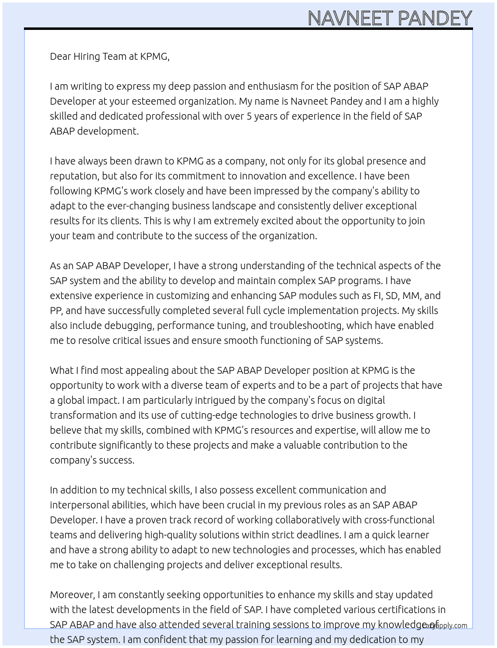 SAP ABAP DEVELOPER At KPMG Cover Letter