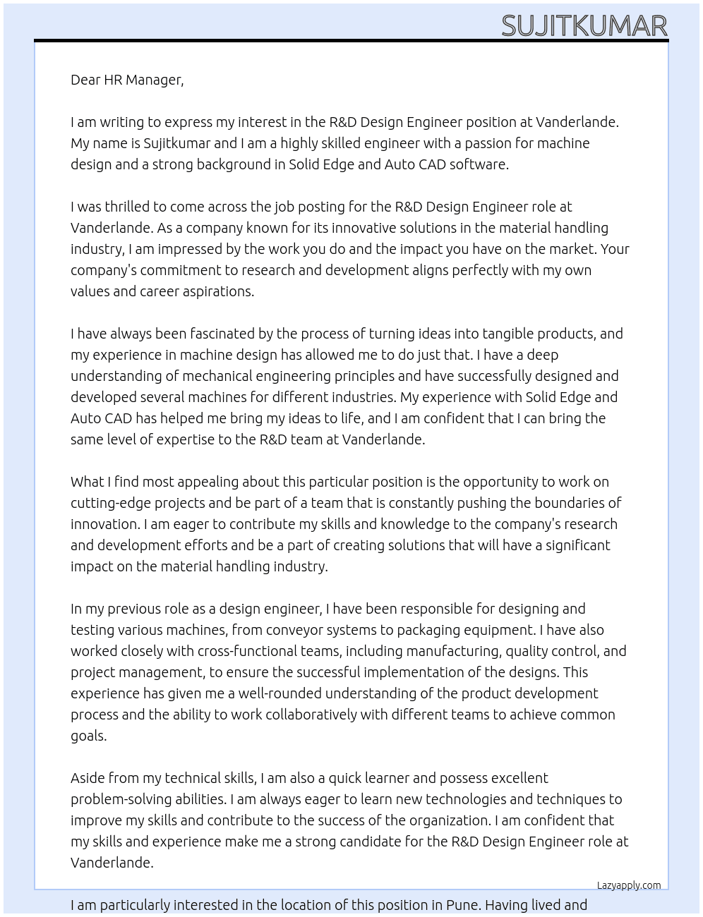 R&D design engineer At Vanderlande Cover Letter