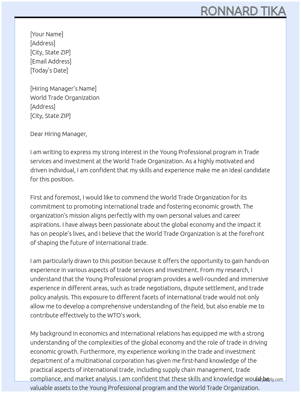 Young Professional program in Trade services and investment At World Trade Organization Cover Letter