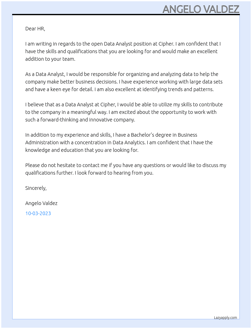 Data Analyst At Cipher Cover Letter