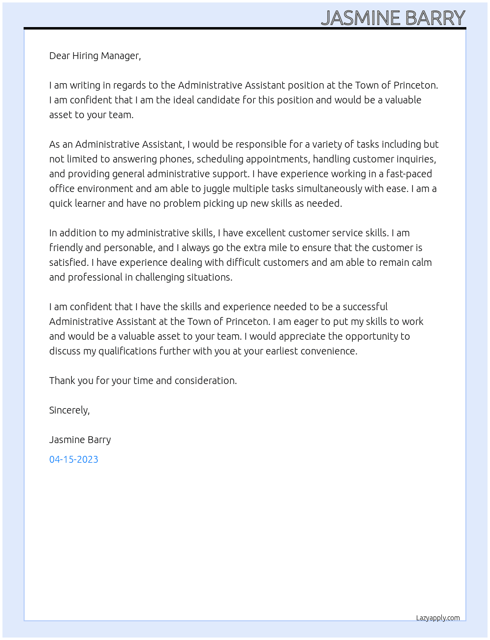 Administrative Assistant At Town of Princeton Cover Letter