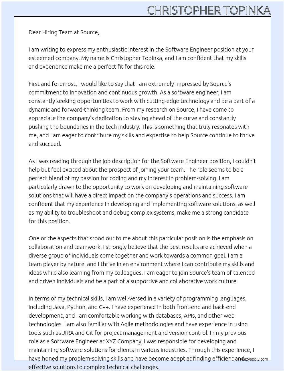 Software Engineer At Source Cover Letter