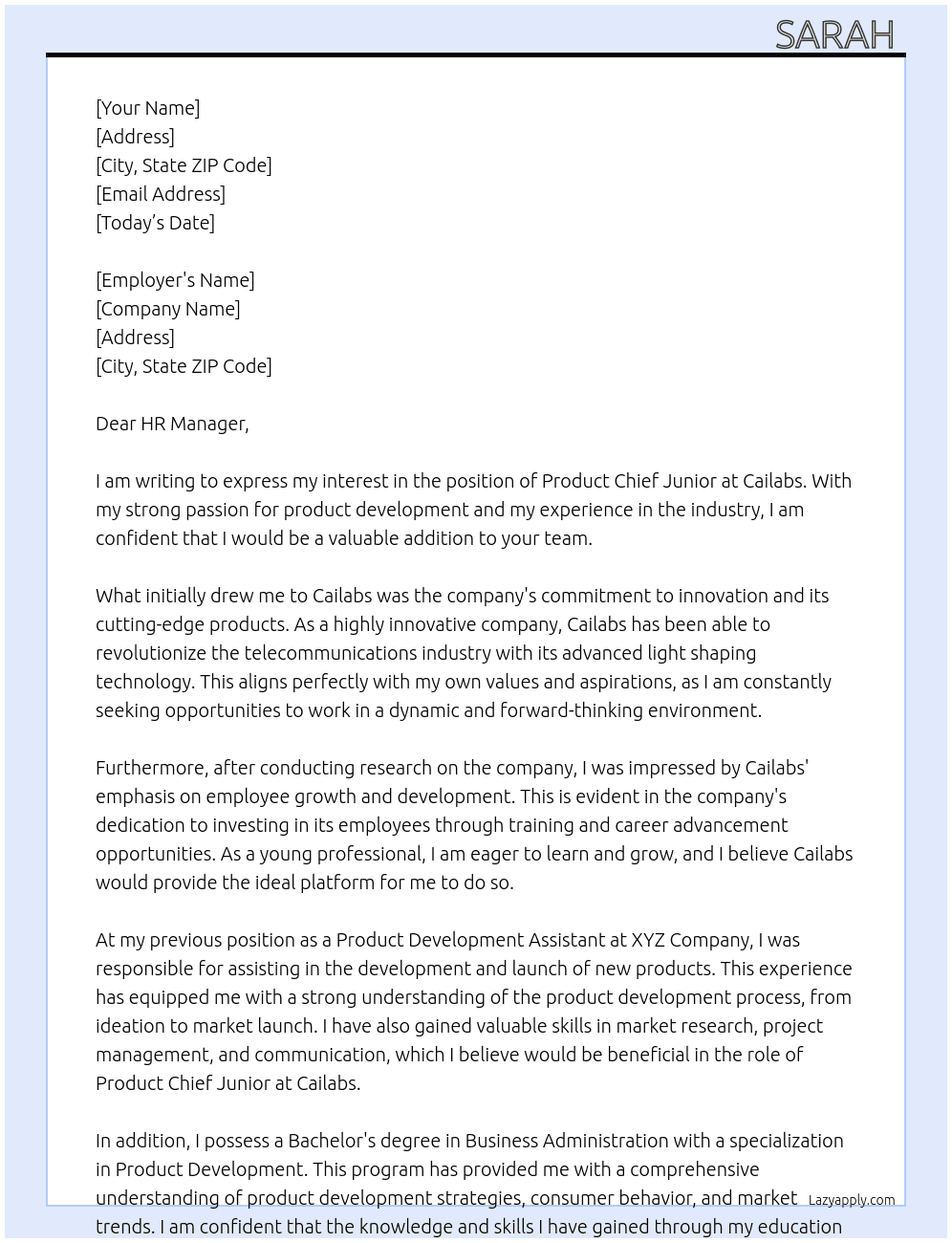 product chief junior At Cailabs Cover Letter