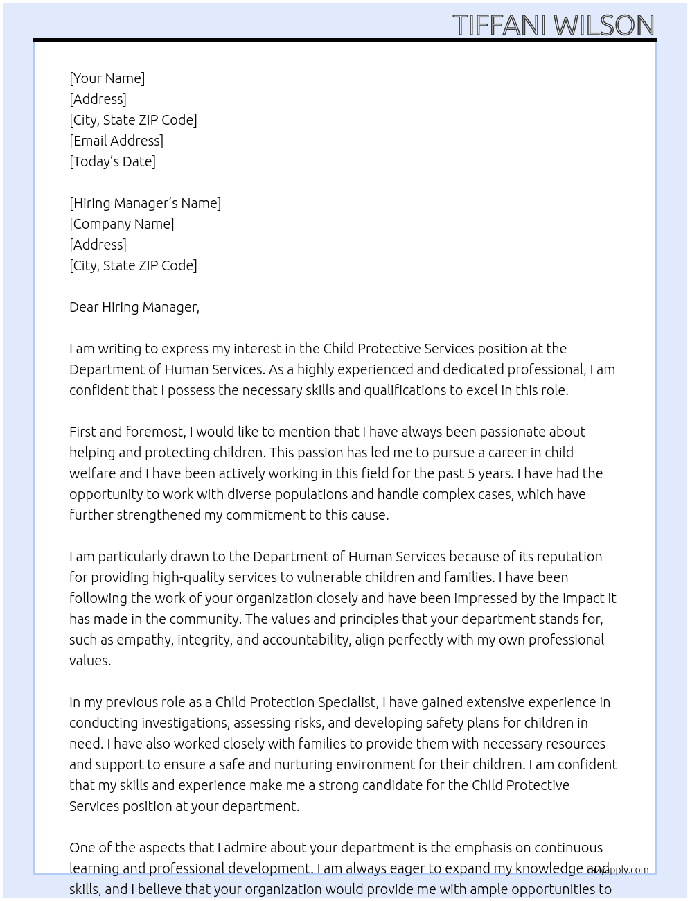 Child Protective Services  At Department of Human Services Cover Letter