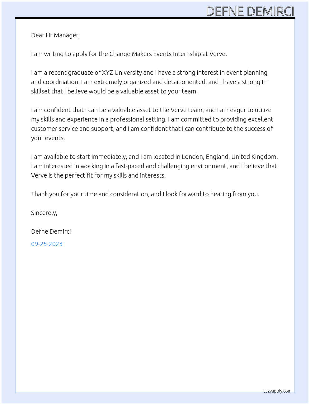 Change Makers Events Internship At Verve Cover Letter
