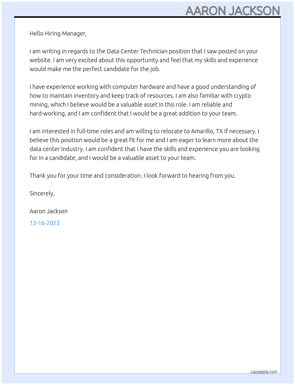 Data Center Technician At Soluna Cover Letter
