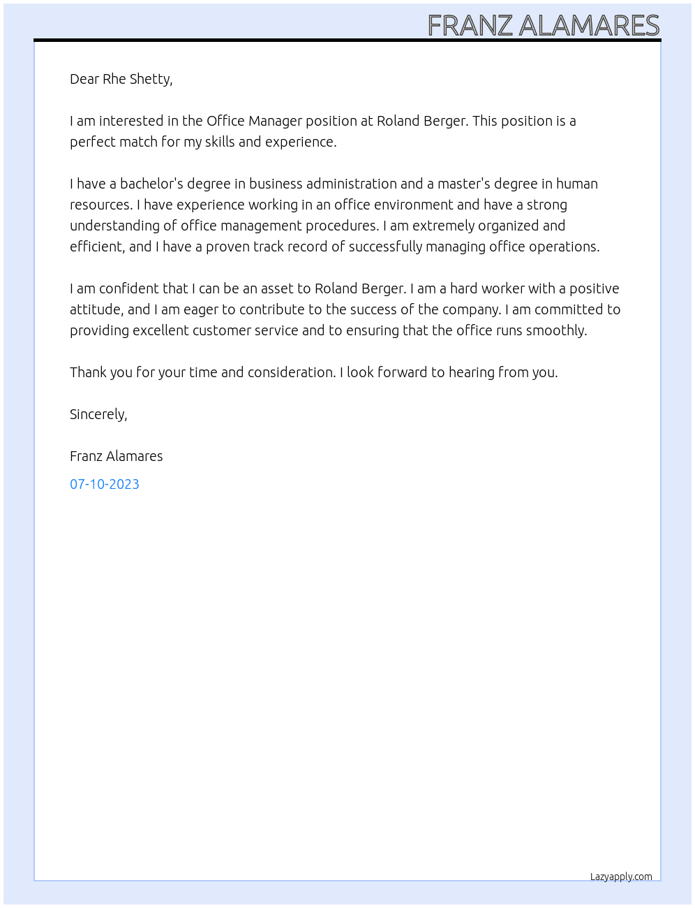 Office Manager At Roland Berger Cover Letter