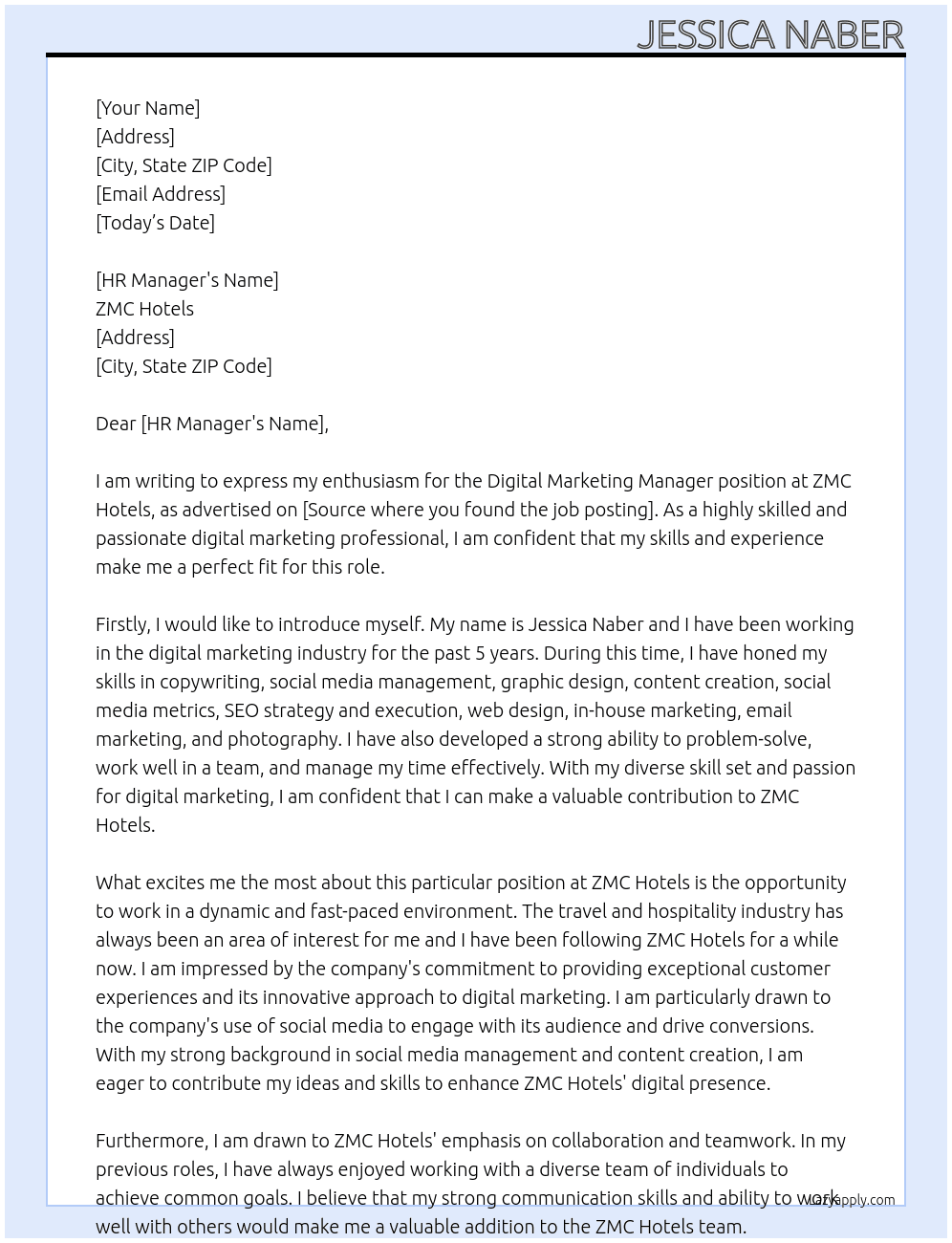 Digital Marketing Manager At ZMC Hotels Cover Letter
