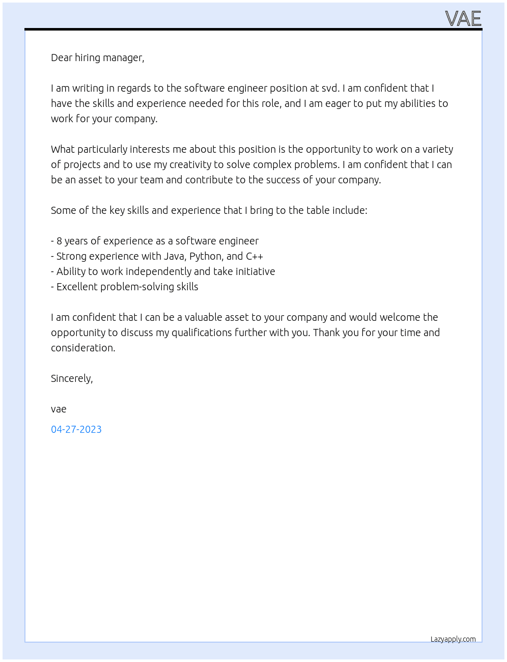 software engineer At svd Cover Letter