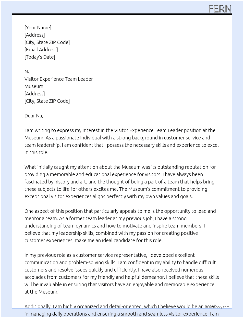 Visitor experience team leader At Museum Cover Letter