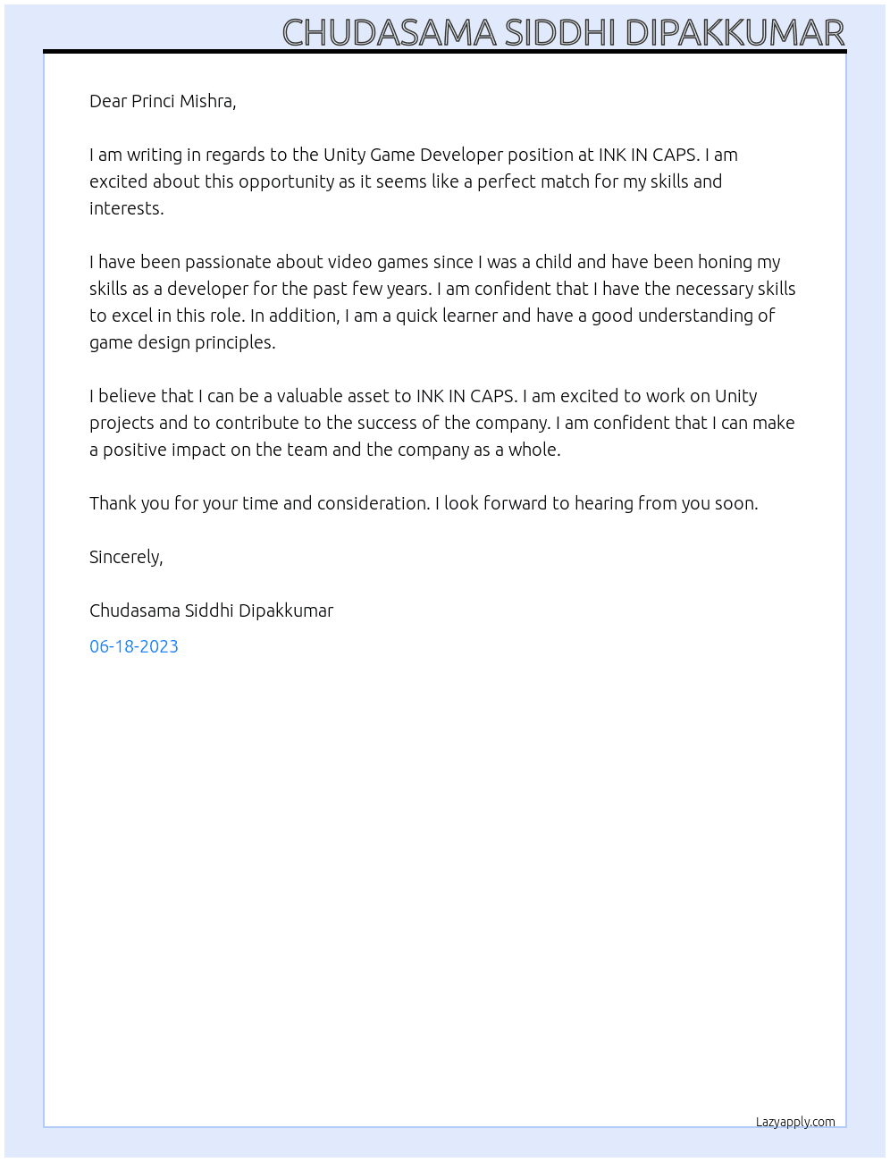 UNITY GAME DEVELOPER At INK IN CAPS Cover Letter
