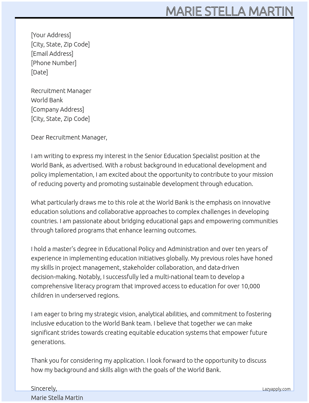 Cover letter for senior education specialist - LazyApply