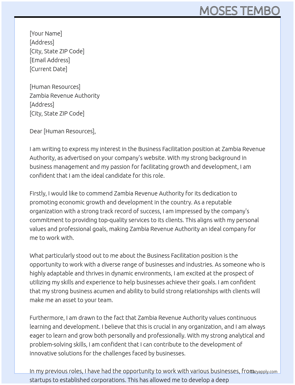 Business Facilitation At Zambia Revenue Authority  Cover Letter