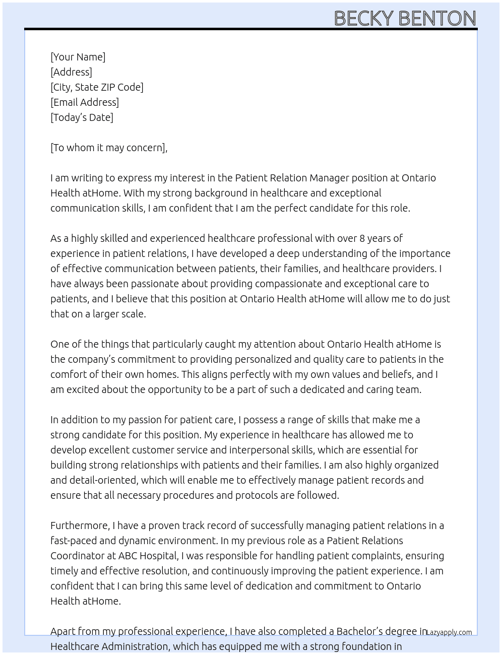 Cover letter for patient relation manager - LazyApply