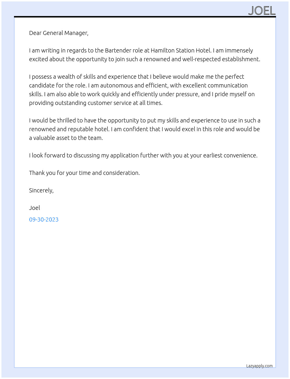 Bartender At Hamilton station hotel Cover Letter