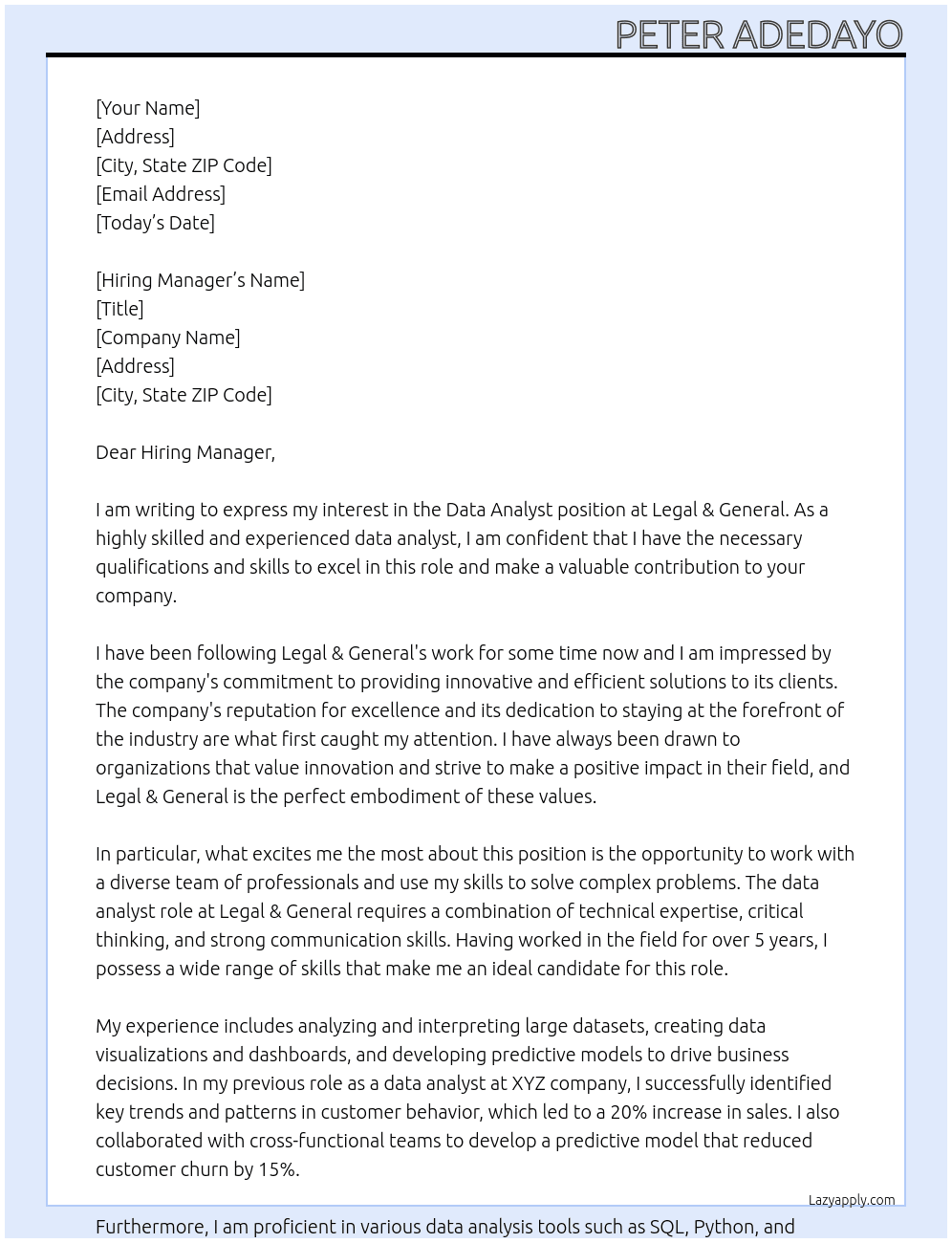 Data Analyst At Legal & General Cover Letter