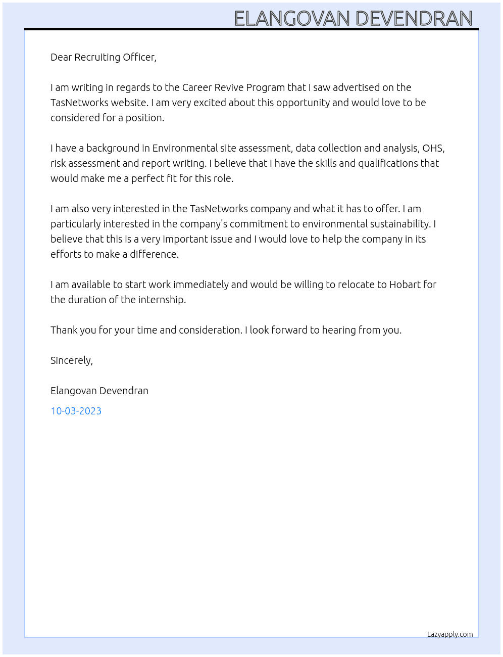 Career revive program At TasNetworks Cover Letter